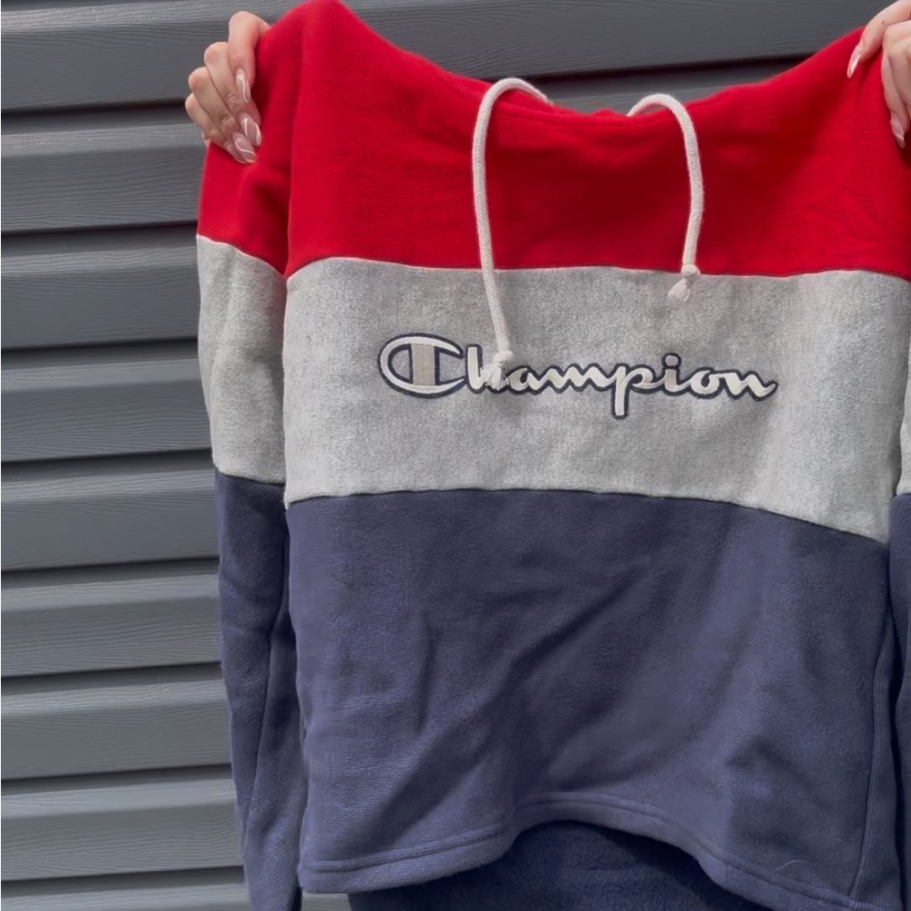 Champion Red, Gray, and Blue Hoodie
